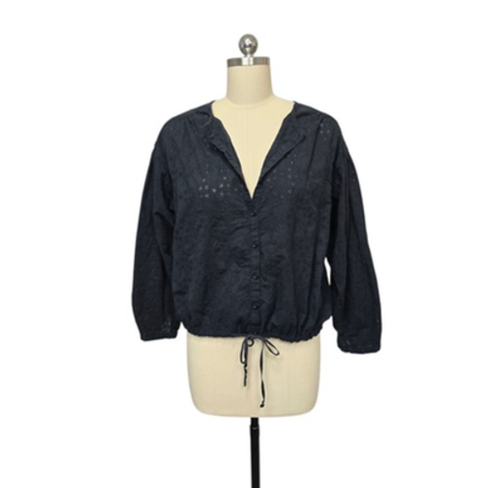 Free People Shirt Womens Small‎ Black Eyelet Button Front Drawstring Hem Boho